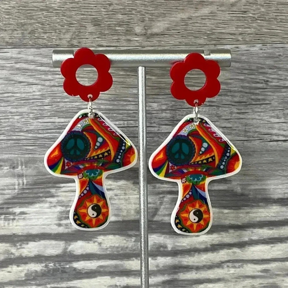 Mushroom Colorful Flower Stud Dangle Earring - Picture 1 of 7